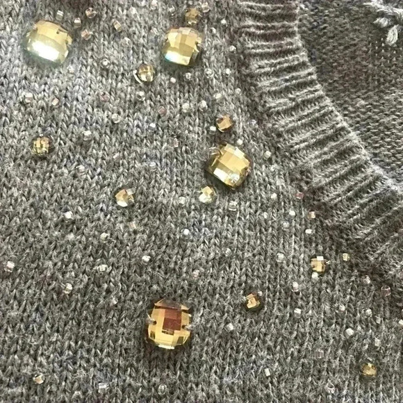 Loft Gray Jeweled Rhinestone Crew Neck Sweater - Picture 3 of 8